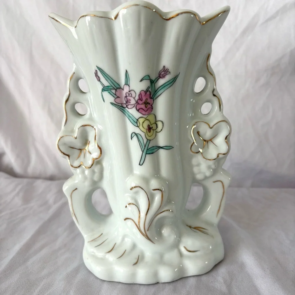Vintage 60s white ceramic baroque vase gilt floral hand painted glam decor
